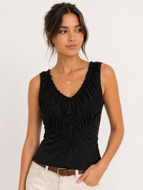 Mixit Womens Large Black Modern Boho Peasant Top Minimalist Coastal Chic Capsule